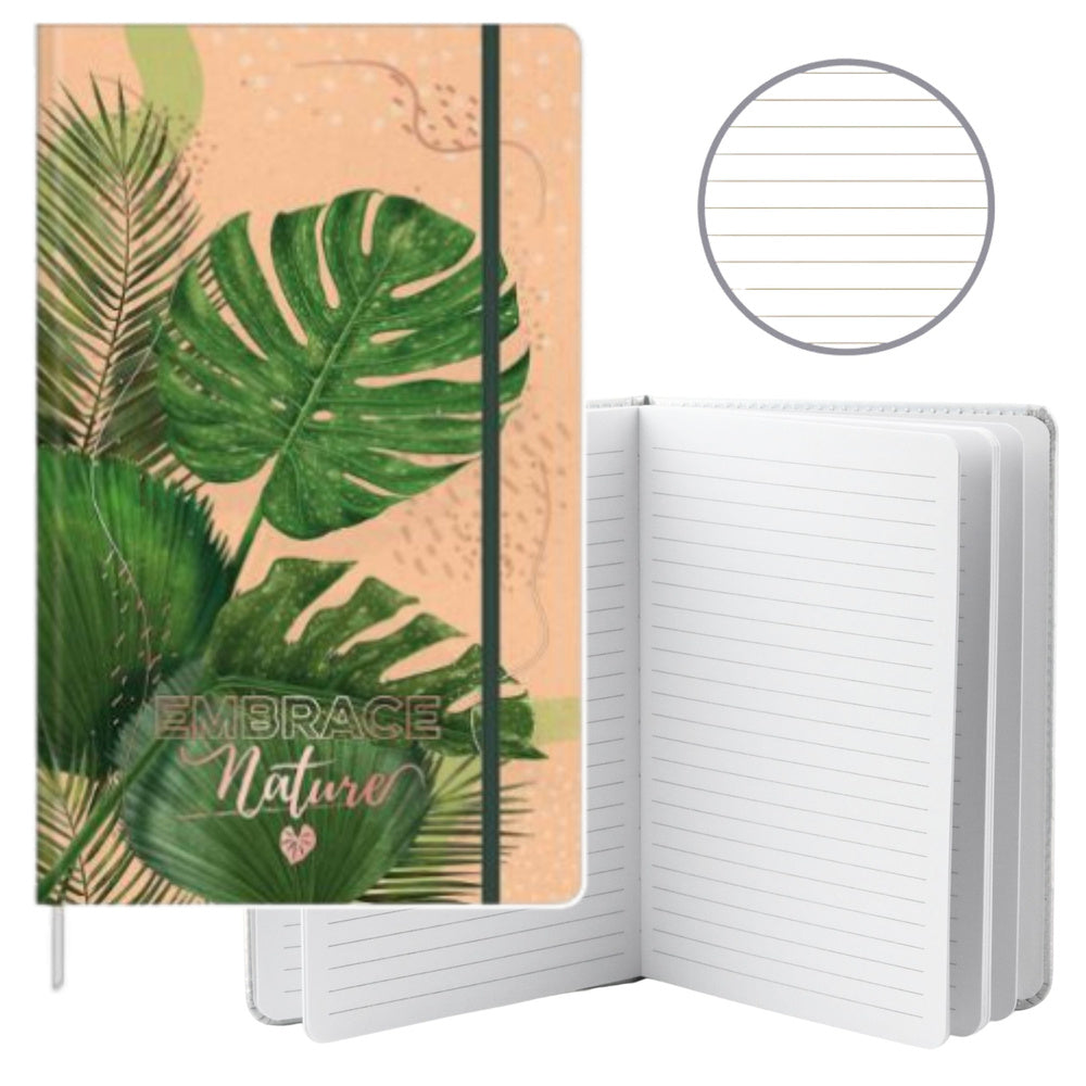 Notitieboek-planner, gelinieerd, monstera-bladeren, gum, A5, 80 vellen