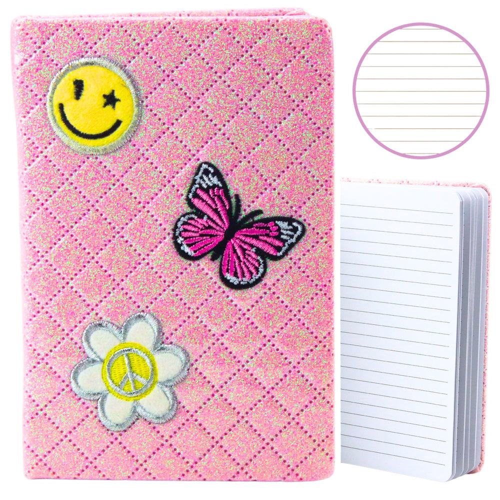 Gelinieerd notitieboek met glitters en patches roze B6 80 vel