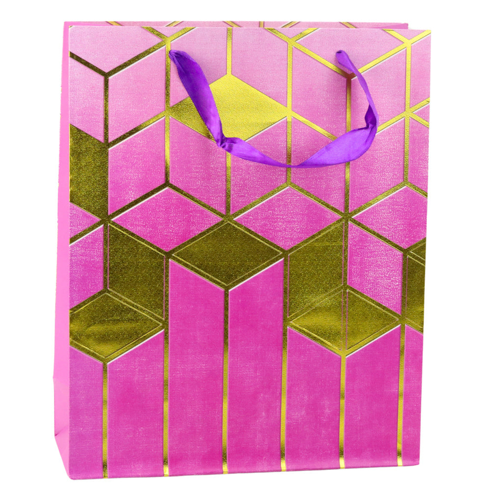 Cadeautas van papier met geometrische patronen, goudkleurig, 32 x 26 x 12 cm (2)