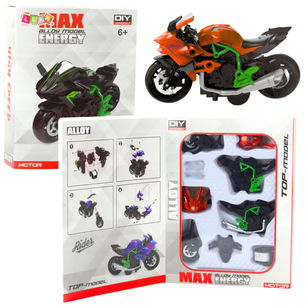 Motorfiets om in elkaar te zetten, schroeven, metaal, 1:14, doe-het-zelf, oranje-groen
