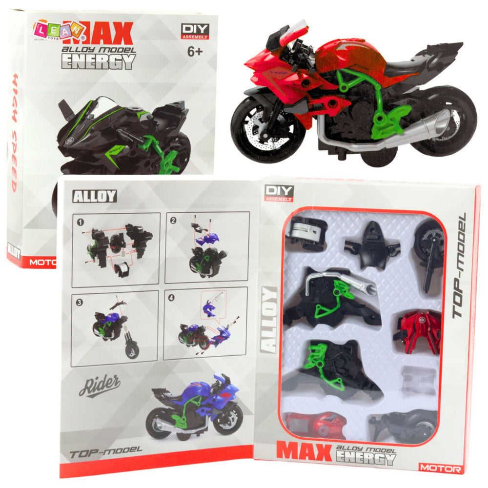 Motorfiets om in elkaar te zetten, schroeven, metaal, 1:14, DIY, groen-rood