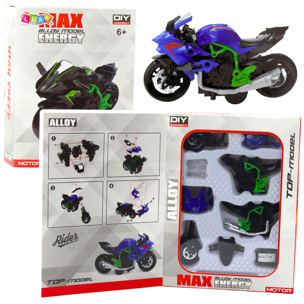 Motorfiets om in elkaar te zetten, schroeven, metaal, 1:14, DIY, groen-blauw