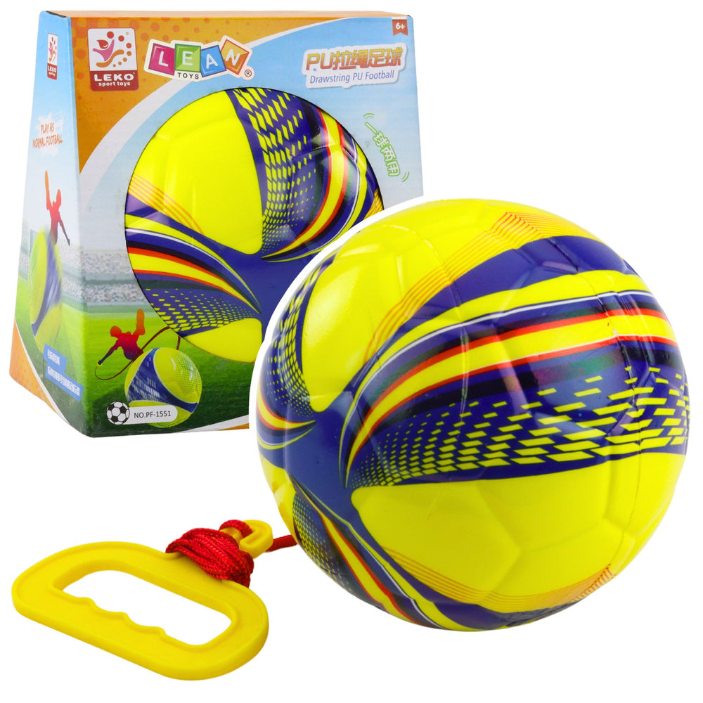 Schuimrubberen bal aan een touw met trekgreep geel 14cm