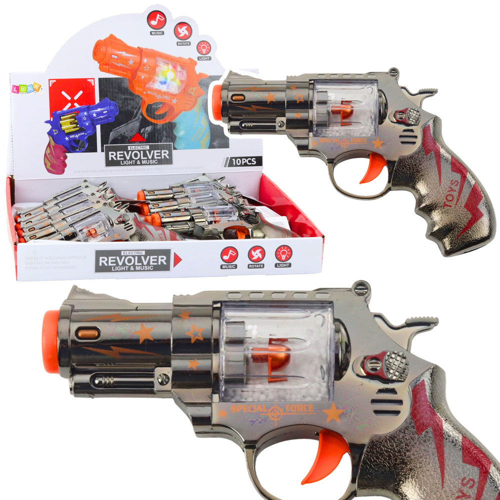Speelgoedpistool, revolver, magazijn met balletjes, lichtjes en geluidjes