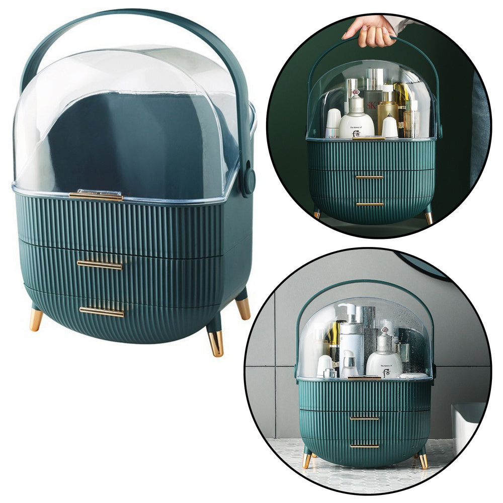 Cosmetica-organizer met deksel, transparant, twee lades, groen