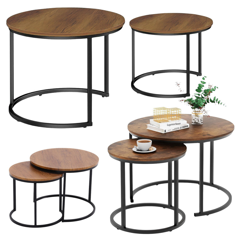 2-in-1 set ronde salontafels vintage natuurhout 60x45cm 40x40cm