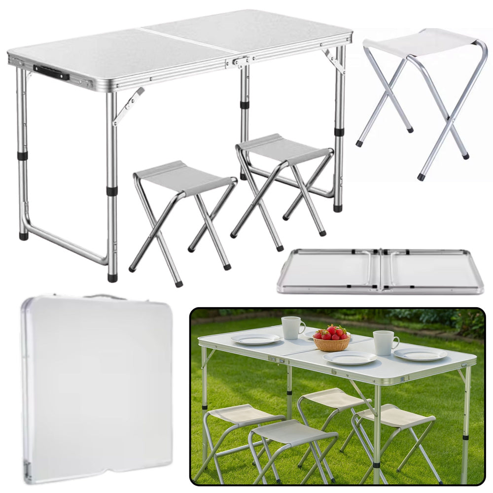 Opvouwbare campingtafelset met 4 stoelen, grijs