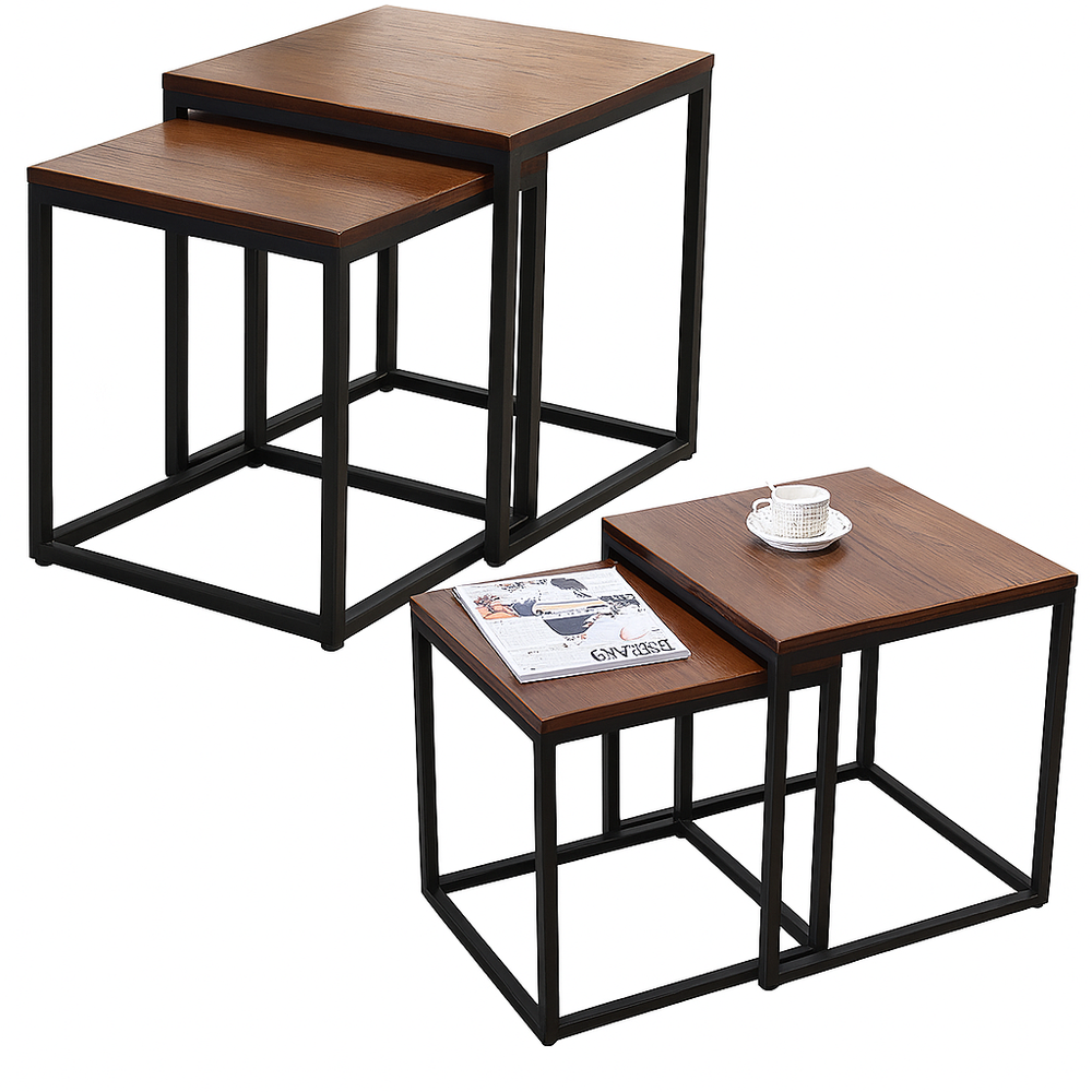 2-in-1-set vierkante salontafels, donkerbruin, hout-look, 45 x 50 x 40 x 45 cm