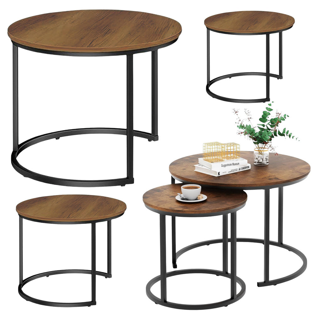 3-in-1 set ronde salontafels, vintage, natuurlijk hout, 51 cm, 40 cm, 30 cm