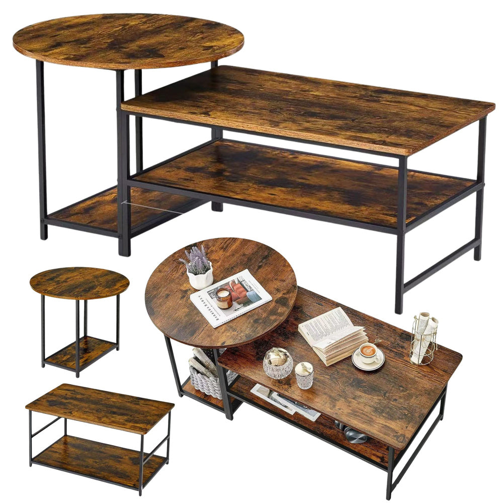 2-in-1 vintage rustieke houten salontafelset 123x60x51cm
