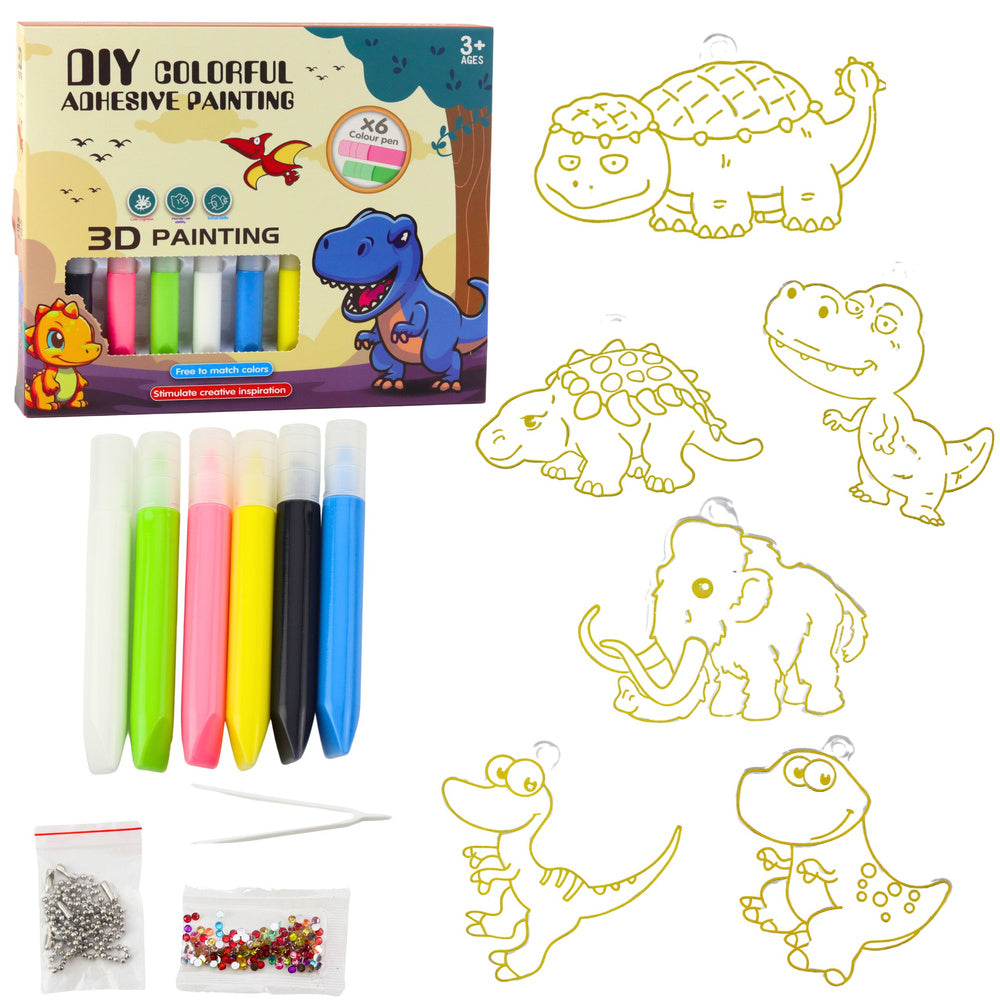 DIY creatieve set glas-in-lood-sleutelhangers dinosaurussen markers 6 stuks