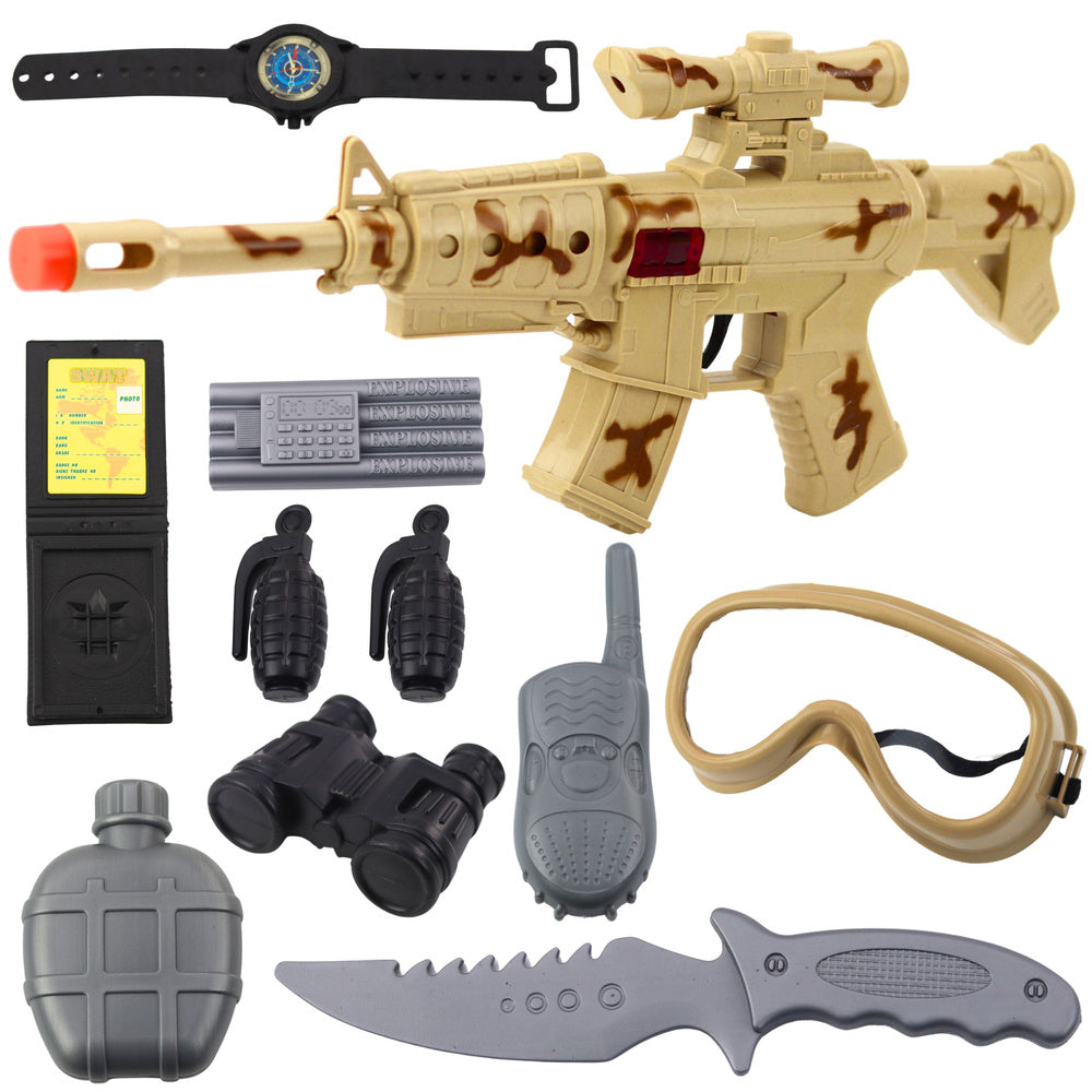 Militair geweerset met geweeraccessoires, schietgeluid en zand