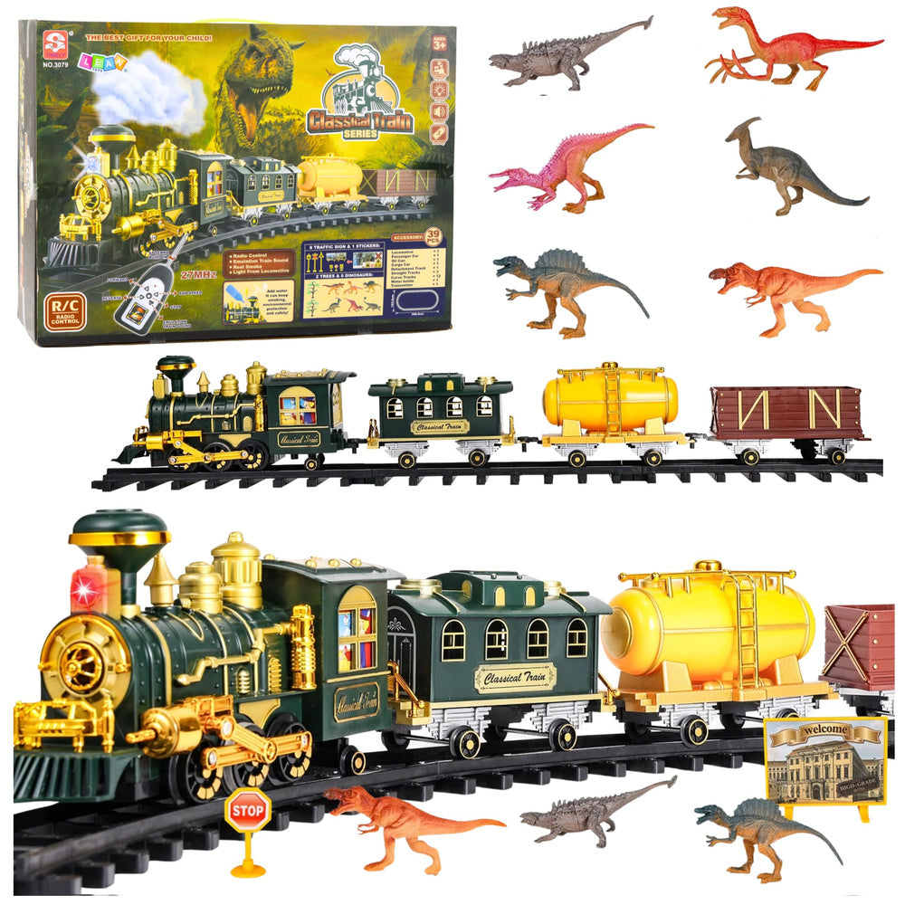 Klassieke trein met dinosaurussen, licht, geluid en rook, 39-delig