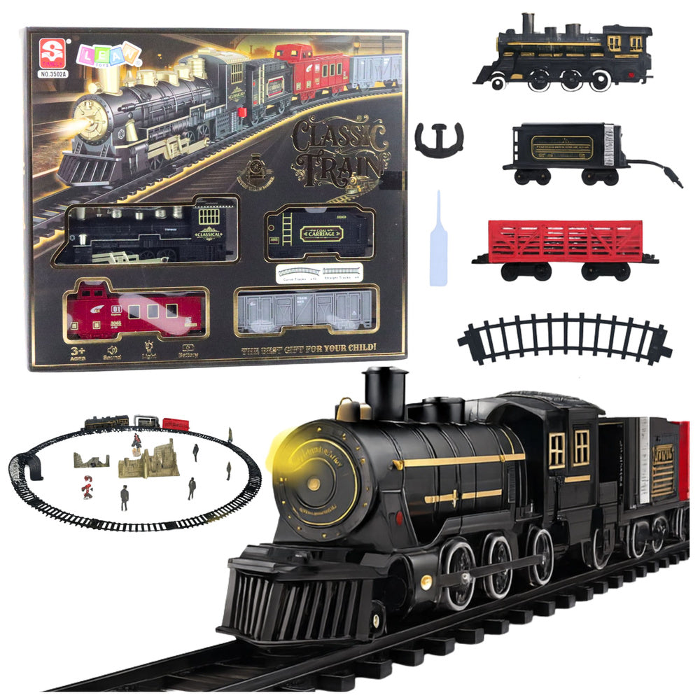 Elektrische trein, locomotief, wagons, rails, lichtjes, geluiden