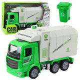 Vuilniswagen, stadslichten, geluiden, groen
