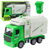 Vuilniswagen, stadslichten, geluiden, groen