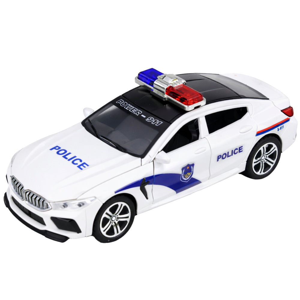 Politieauto opent deuren, zwaailicht, geluiden, wit (2)
