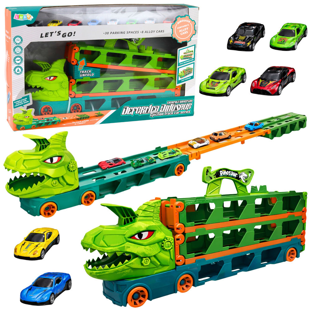 Dinosaurus-truck met veren, rails voor auto's, transportvoertuig, lanceerder 4-in-1
