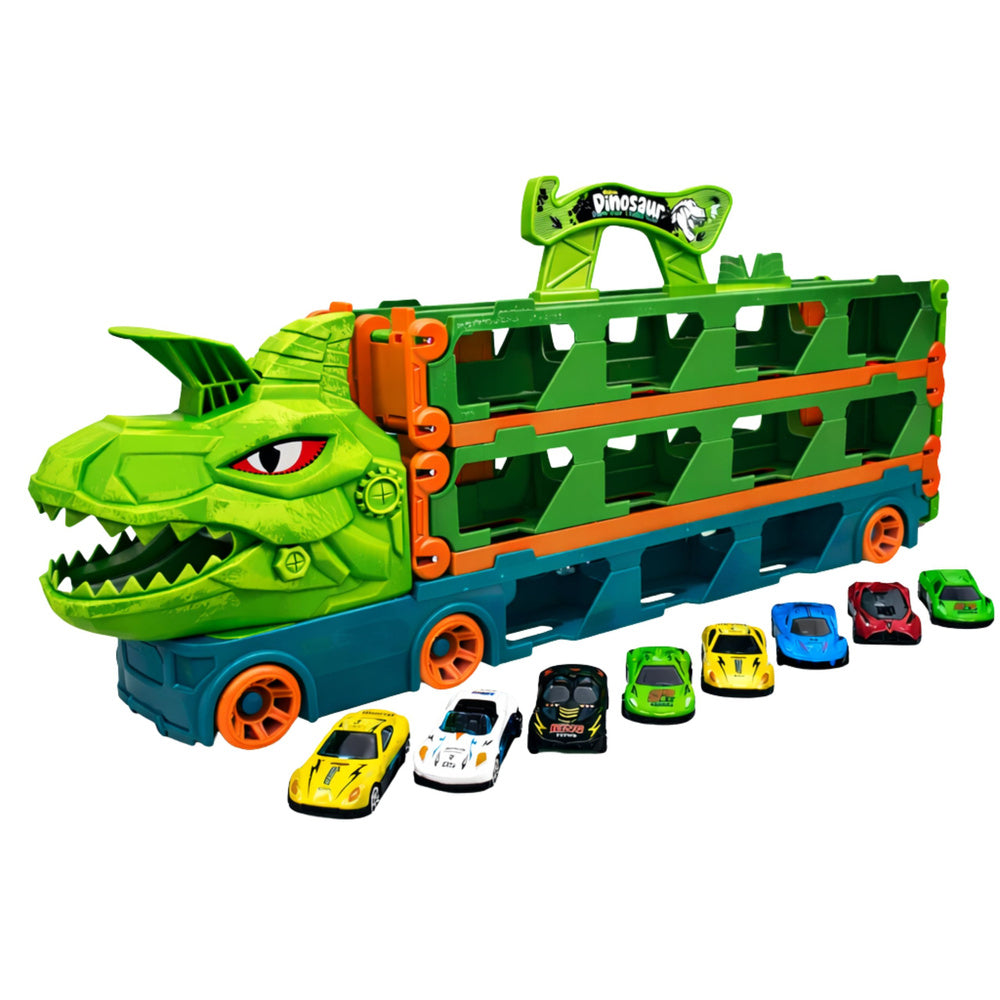 Dinosaurus-truck met veren, rails voor auto's, transportvoertuig, lanceerder 4-in-1