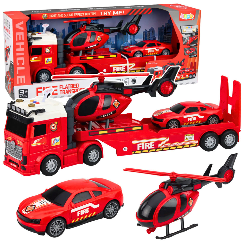 Brandweerreddingsset met sleepwagen, auto, helikopter, licht en geluid
