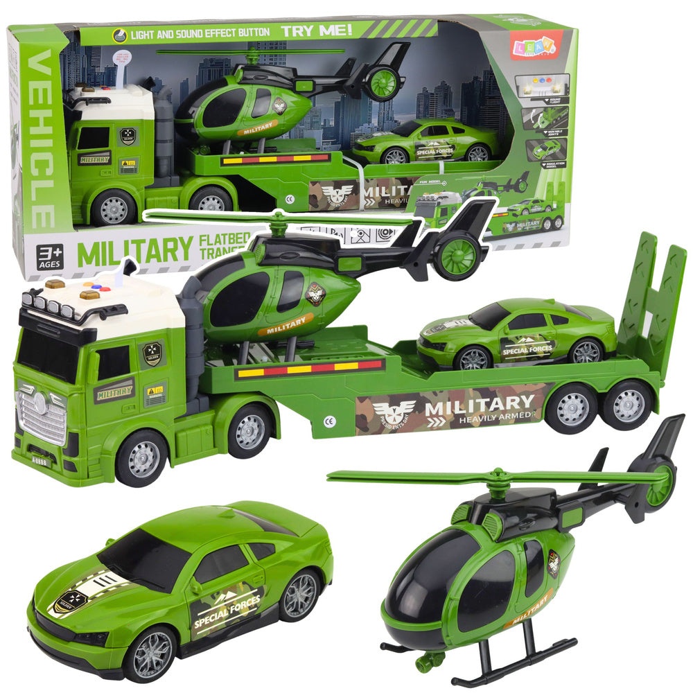 Militaire set: militaire vrachtwagen, takelwagen, auto, helikopter, lichten, geluid