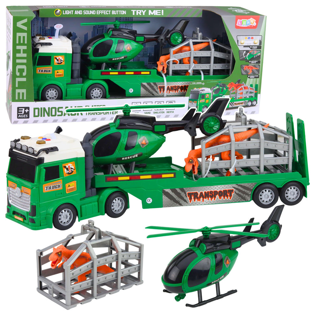 Dinosaurus-transportset: vrachtwagen, takelwagen, helikopter, licht, geluid