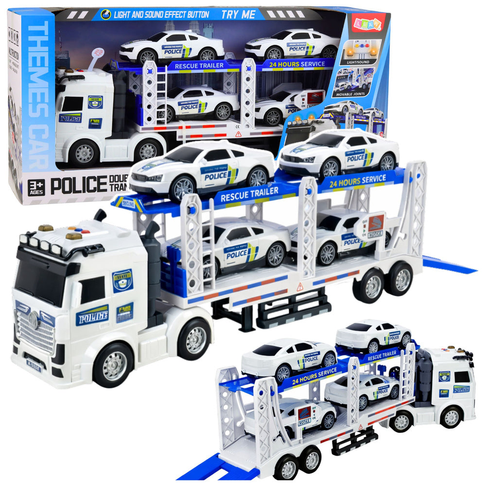 Politiewagen, takelwagen, transport, politieauto's, zwaailicht, geluiden