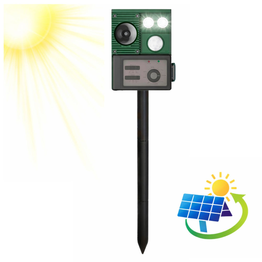 Op zonne-energie werkende dierenverjager met bewegingssensor, ultrasoon geluid en led-dioden (2)