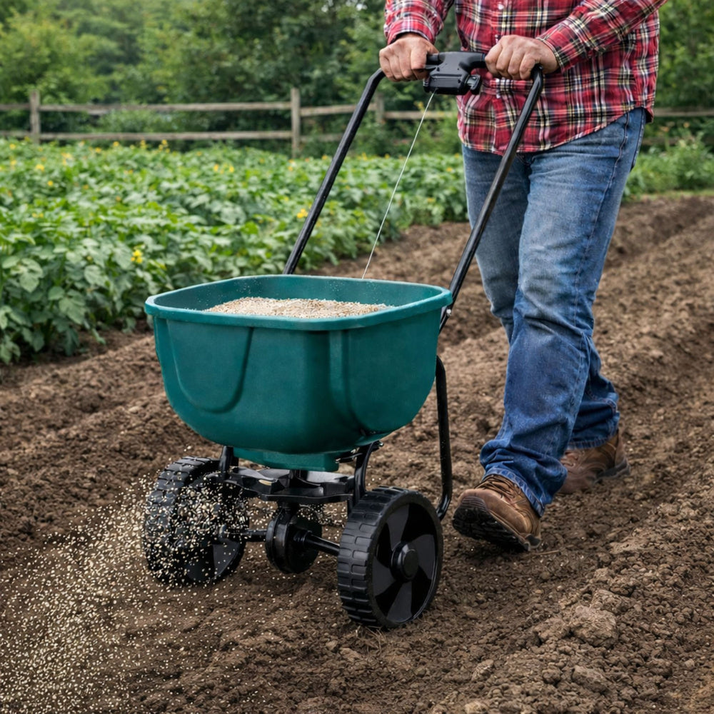 Roterende zaaimachine op wielen voor het zaaien van graszaad, zout en zand, 27 l (2)