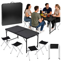Kampeermeubelset, klaptafel, 4 krukjes, zwarte koffer