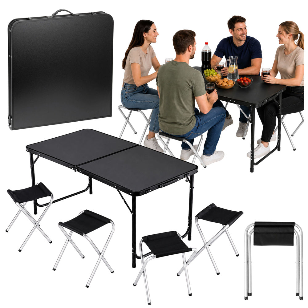 Kampeermeubelset, klaptafel, 4 krukjes, zwarte koffer