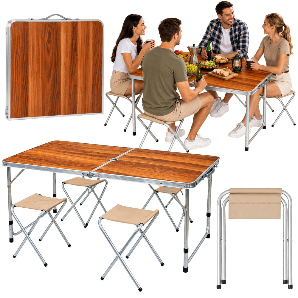 Kampeermeubelset, klaptafel, 4 krukjes, houten koffer