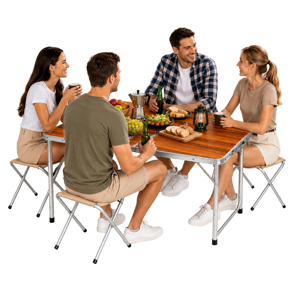 Kampeermeubelset, klaptafel, 4 krukjes, houten koffer (2)