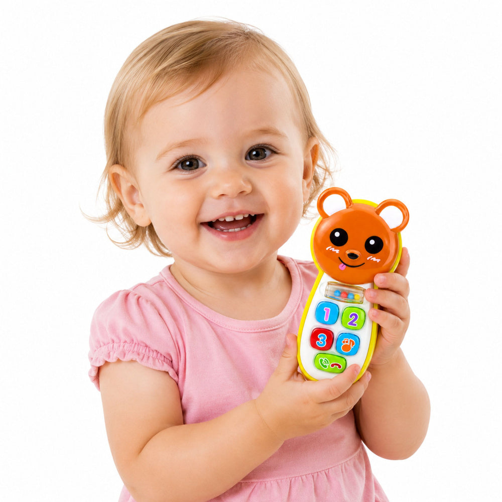 Interactieve babytelefoon met teddybeer, spiegel, rammelaar, lichtjes en geluiden (2)