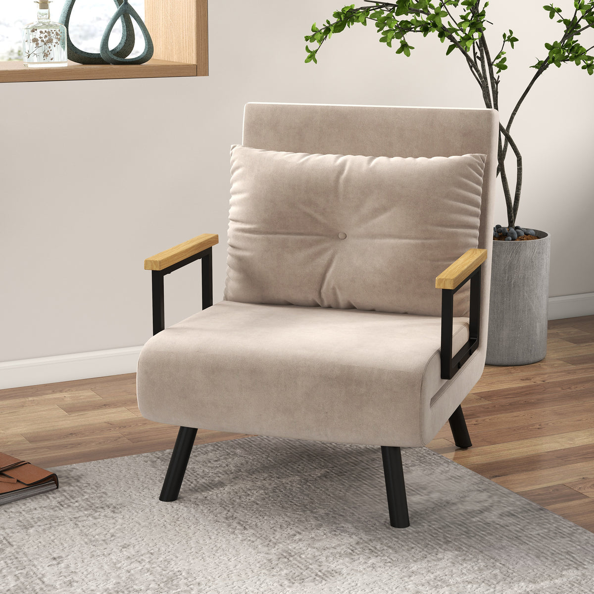 Relaxfauteuil in Scandinavisch design, ligfauteuil, leesstoel. Incl. kussen met knoopstiksel, zwart + naturel (2)