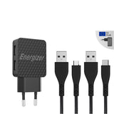 Energizer HardCase - 2x USB-A 12W netadapter + USB-C en Micro USB-kabel (zwart)