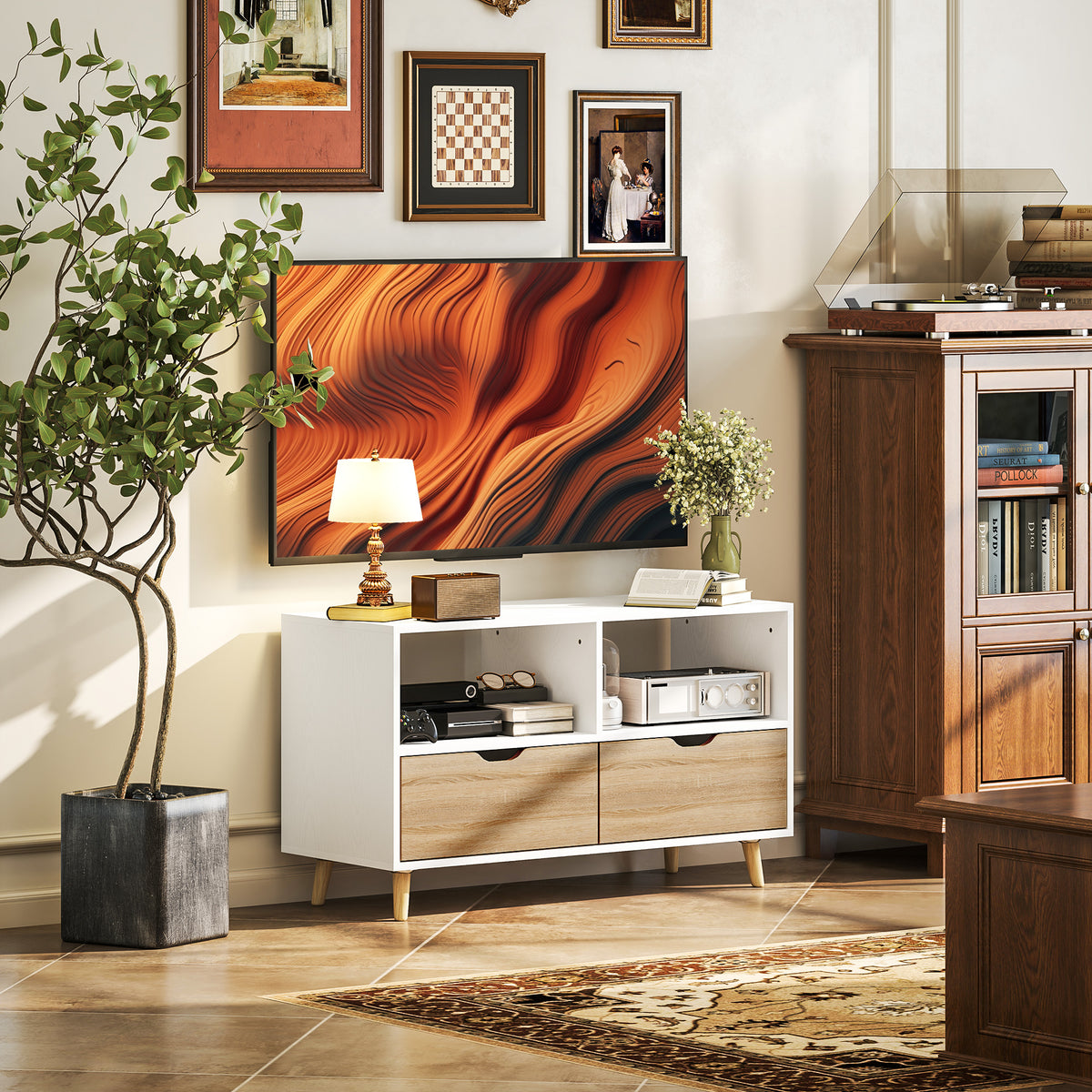 Tv-kast, tv-meubel met lades, open planken, hout, 99 x 39 x 58 cm, wit (2)