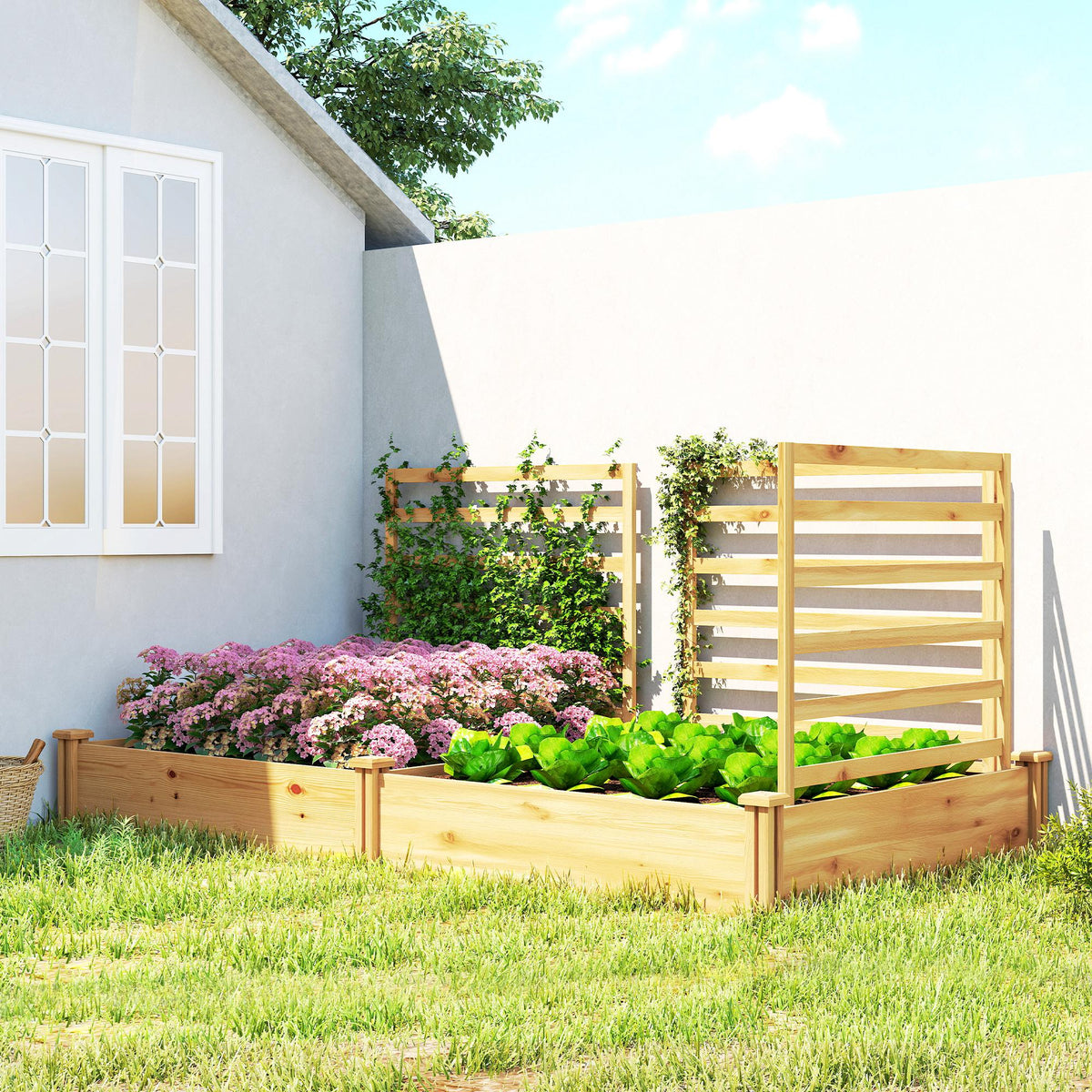 Verhoogd plantenbed met klimrek, houten bloembak met 3 trellis-schermen, open bodem, 240 x 125 x 102 cm, naturel (2)