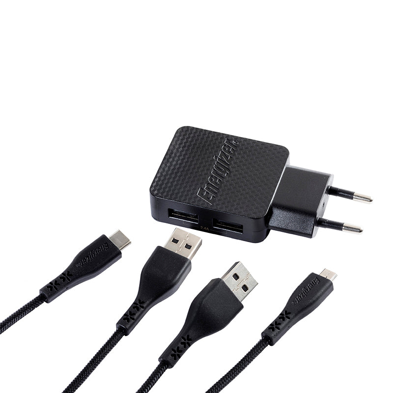 Energizer HardCase - 2x USB-A 12W netadapter + USB-C en Micro USB-kabel (zwart) (2)