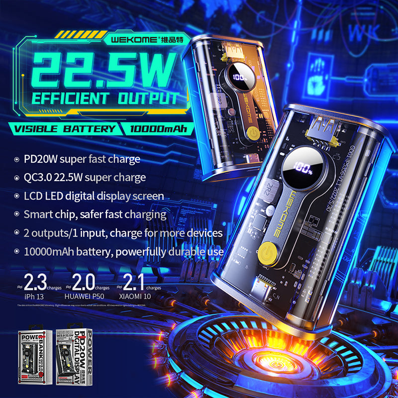 WEKOME WP-333 Vanguard Series - Powerbank 10.000 mAh Super opladen PD 20W + QC 22,5W (zwart / transparant) (2)