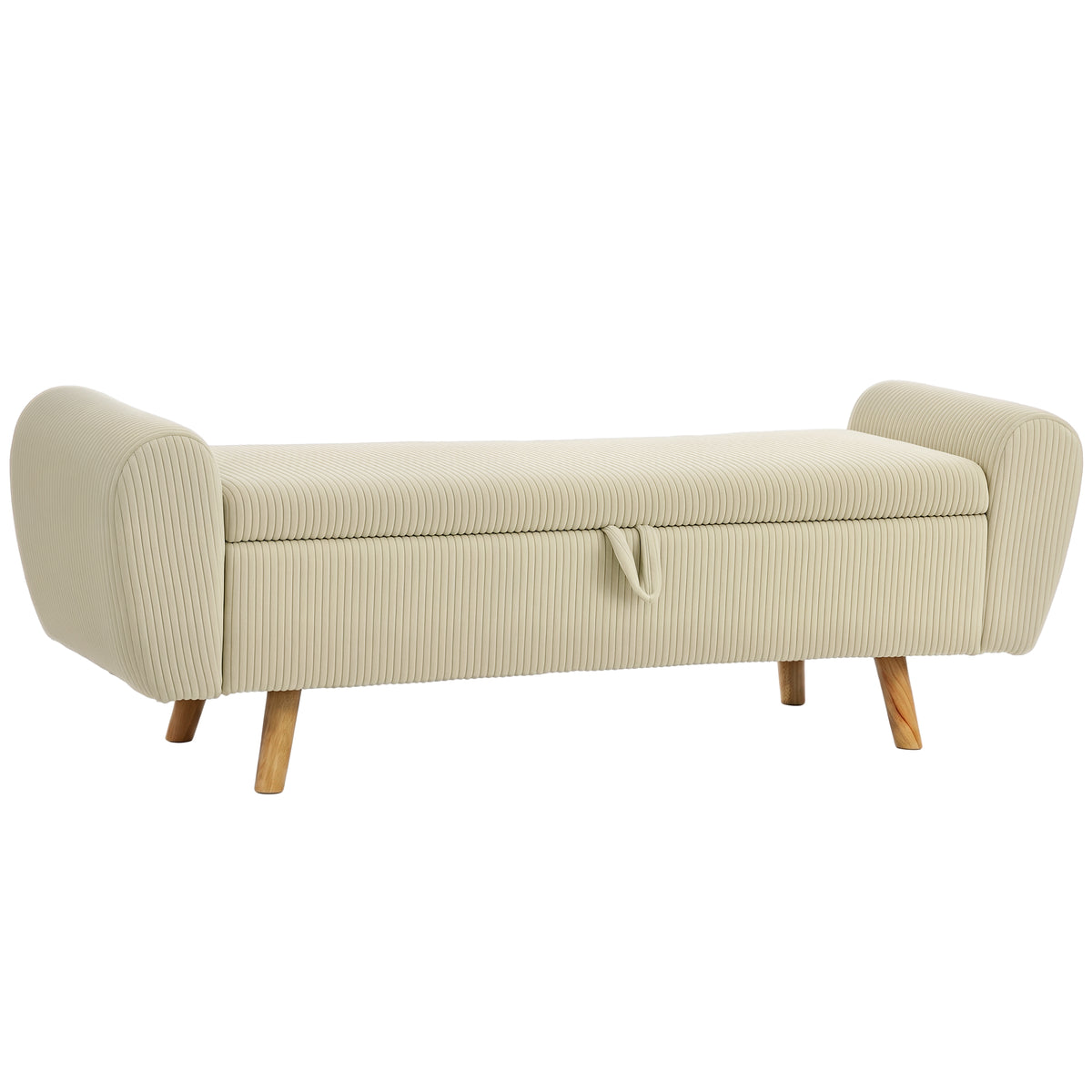 Opbergbank, gestoffeerde bank met corduroy-look, houten poten en opgerolde armleuningen, beige