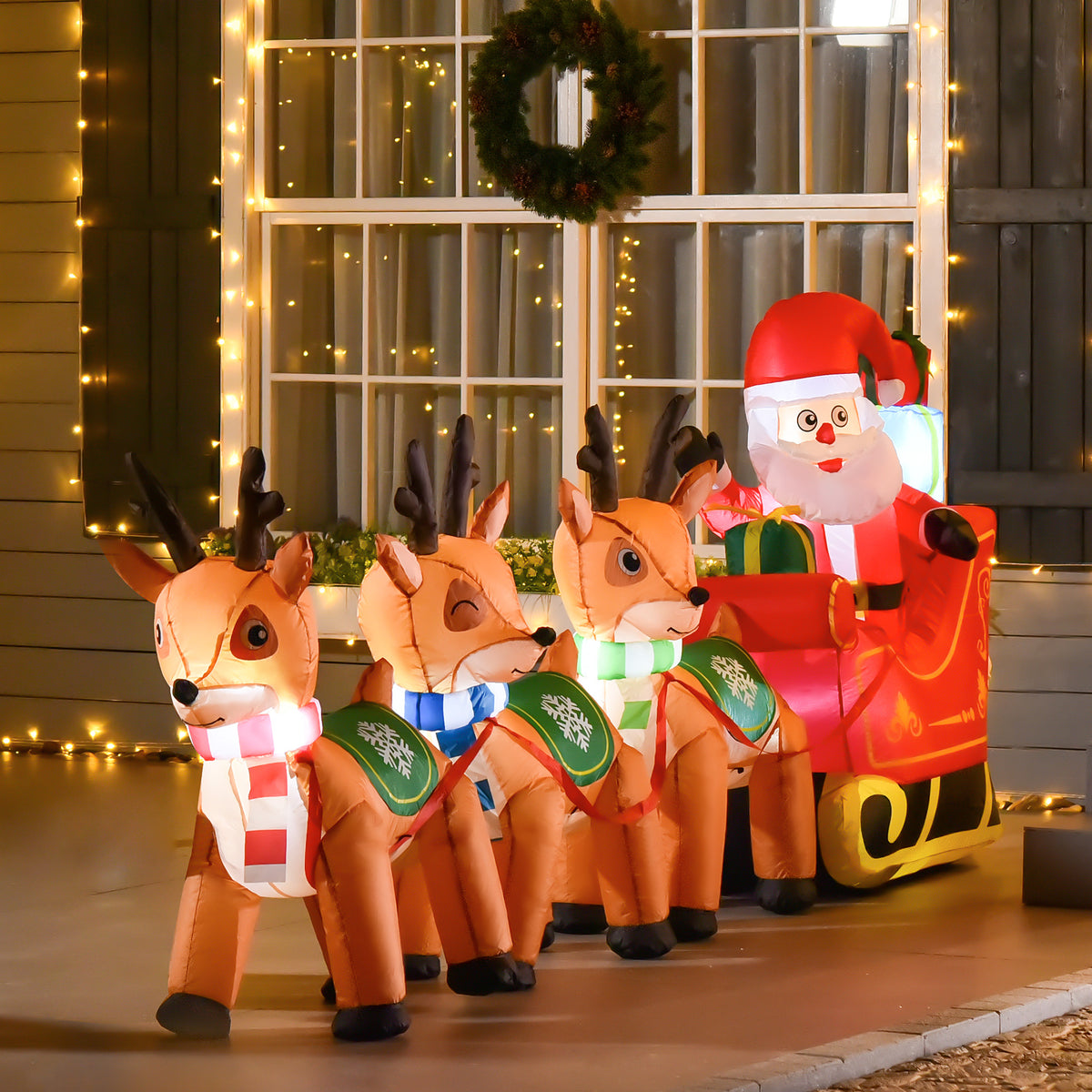 Opblaasbare kerstman met rendieren kerstdecoratie voor buiten, incl. ventilator, 140 cm, rood + bruin