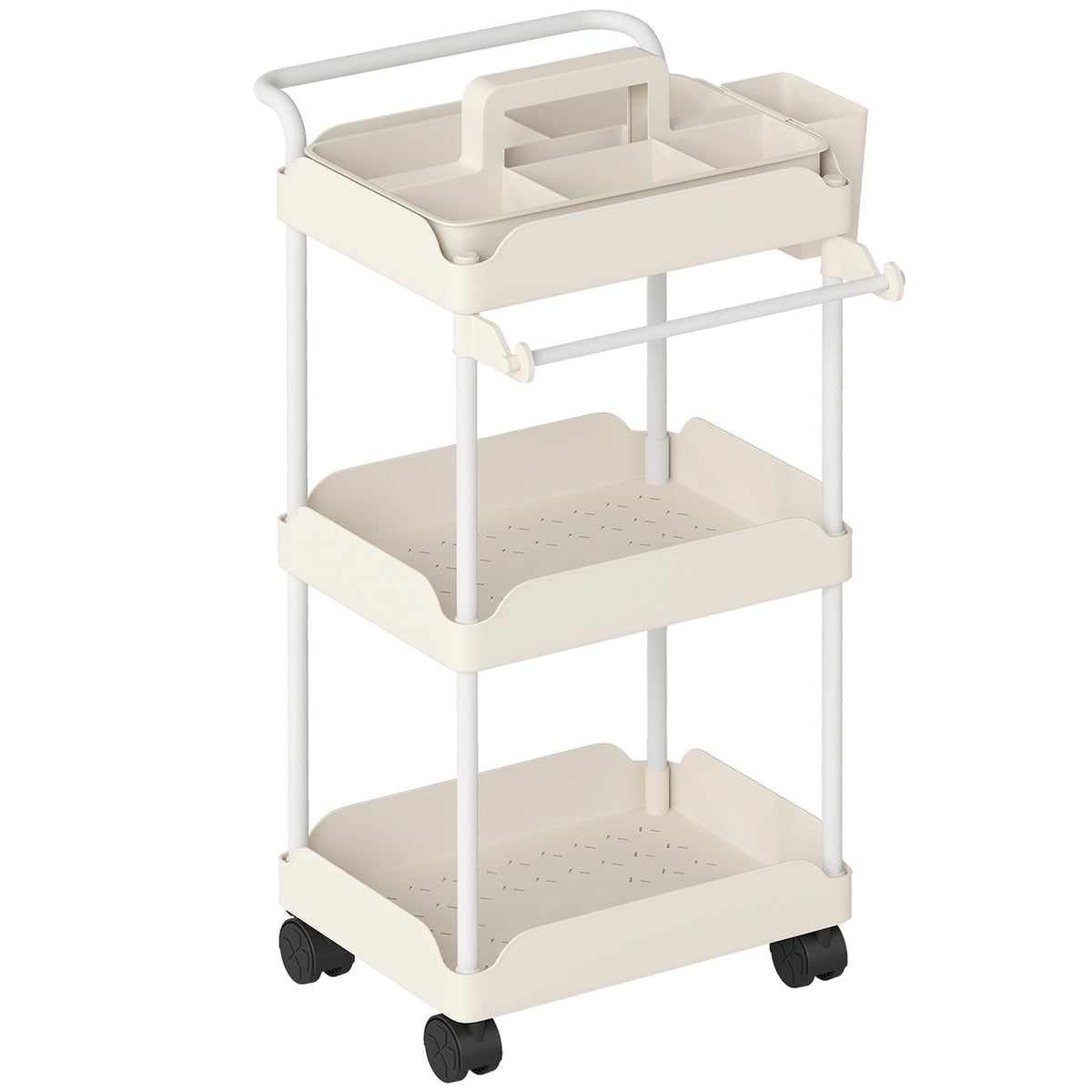 Opbergwagen, 3 manden, handdoekhouder, wielen, handgreep, metalen frame, wit