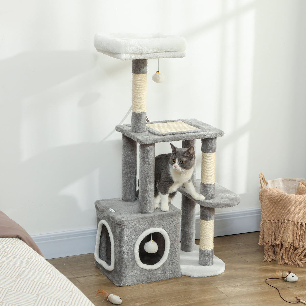 Krabpaal 107 cm kattentoren met grot, 2 pluche balletjes, sisalstammen, groot platform, 55x40x107 cm, grijs (2)
