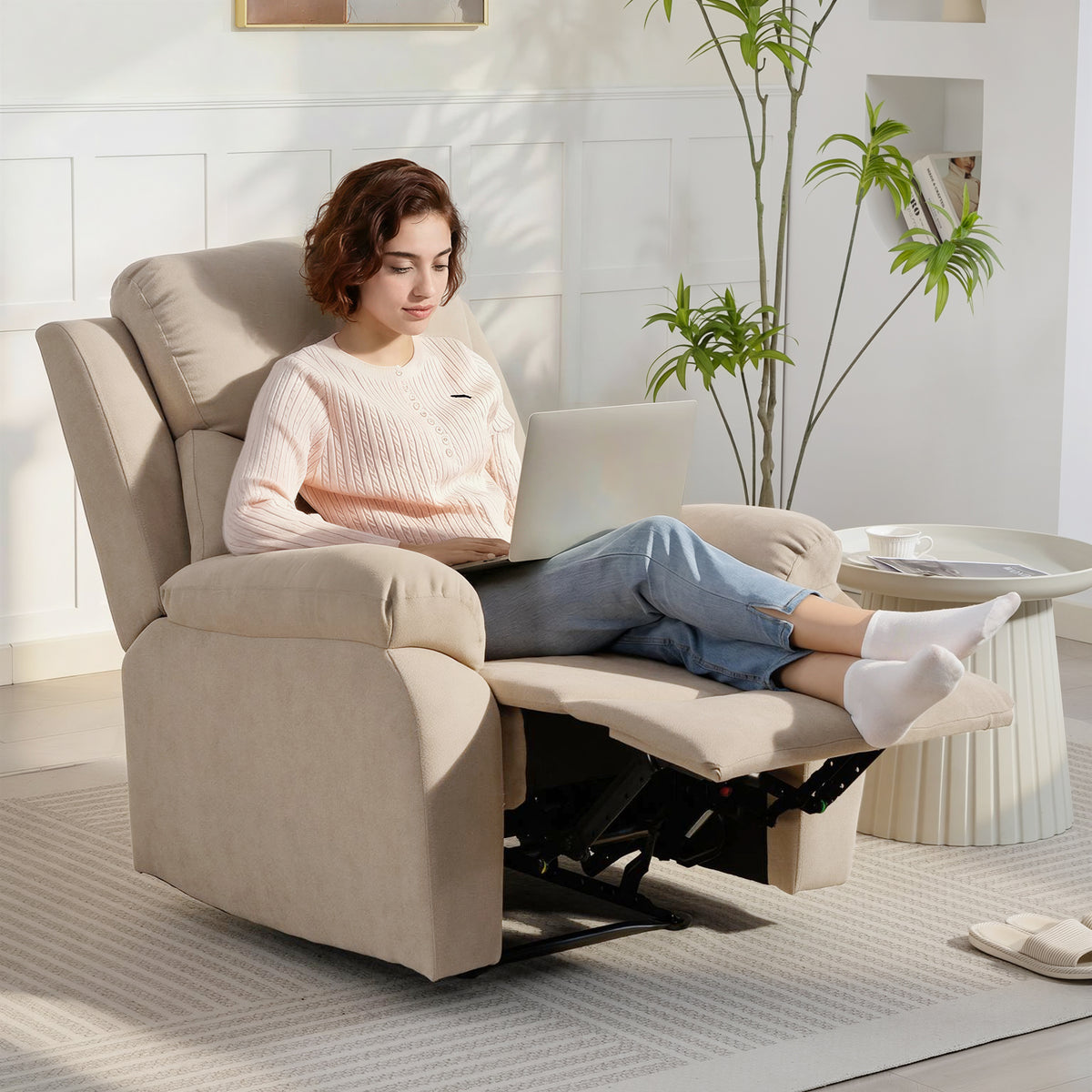 Handmatige relaxfauteuil, moderne fauteuil in linnenlook met dikke bekleding, gevoerde armleuningen en (2)