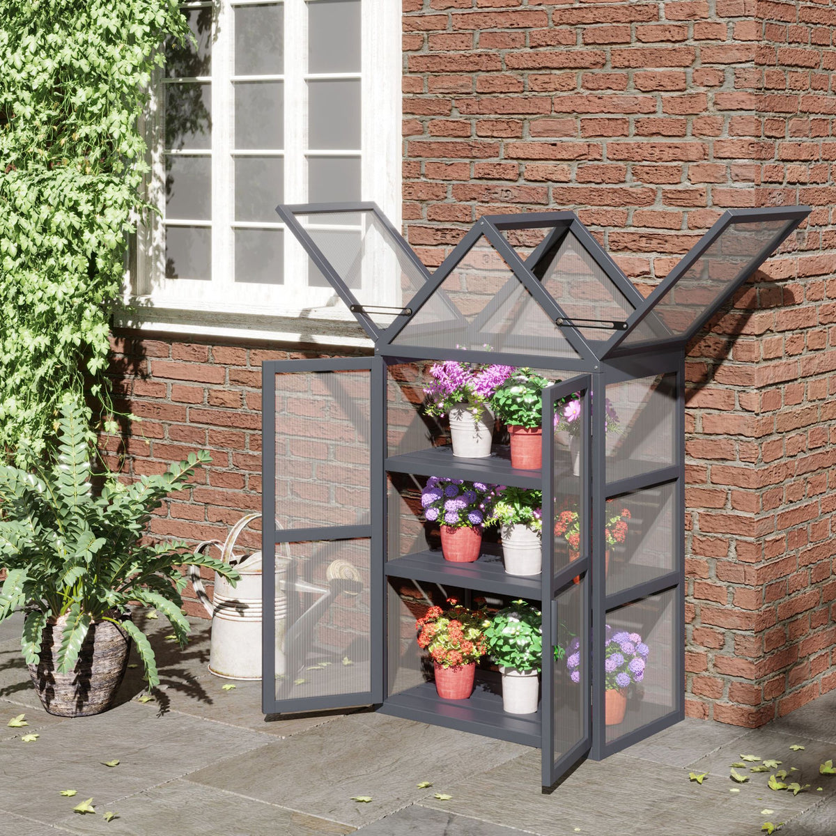 Kweekkas mini broeikas met 3 niveaus plantenkas met openslaand dak dubbele deuren van hout polycarbonaat (2)