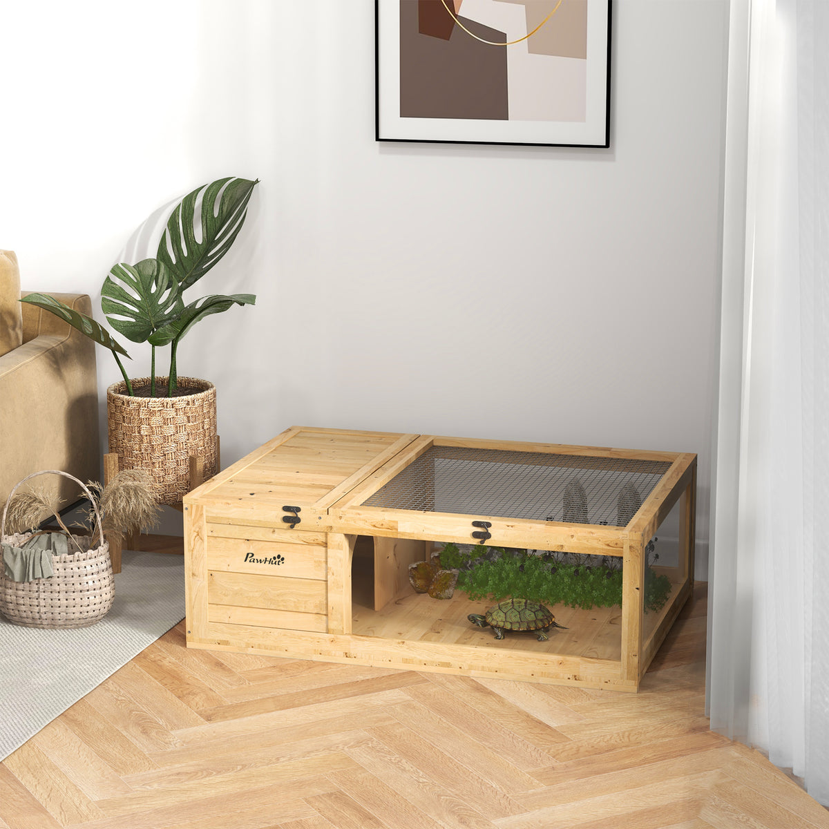 Schildpaddenhuis van hout, schildpaddenverblijf met hoofdhuizen, opklapbare bovenkant, 91 x 60,5 x 32 cm, geel (2)