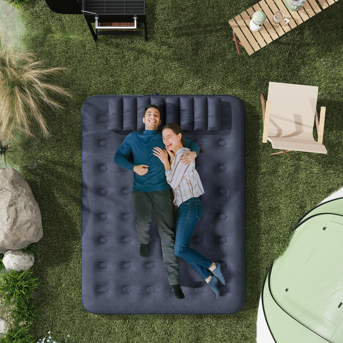 Luchtbed voor 2 personen, met handpomp, zacht & robuust, 203x152x22cm, blauw (2)
