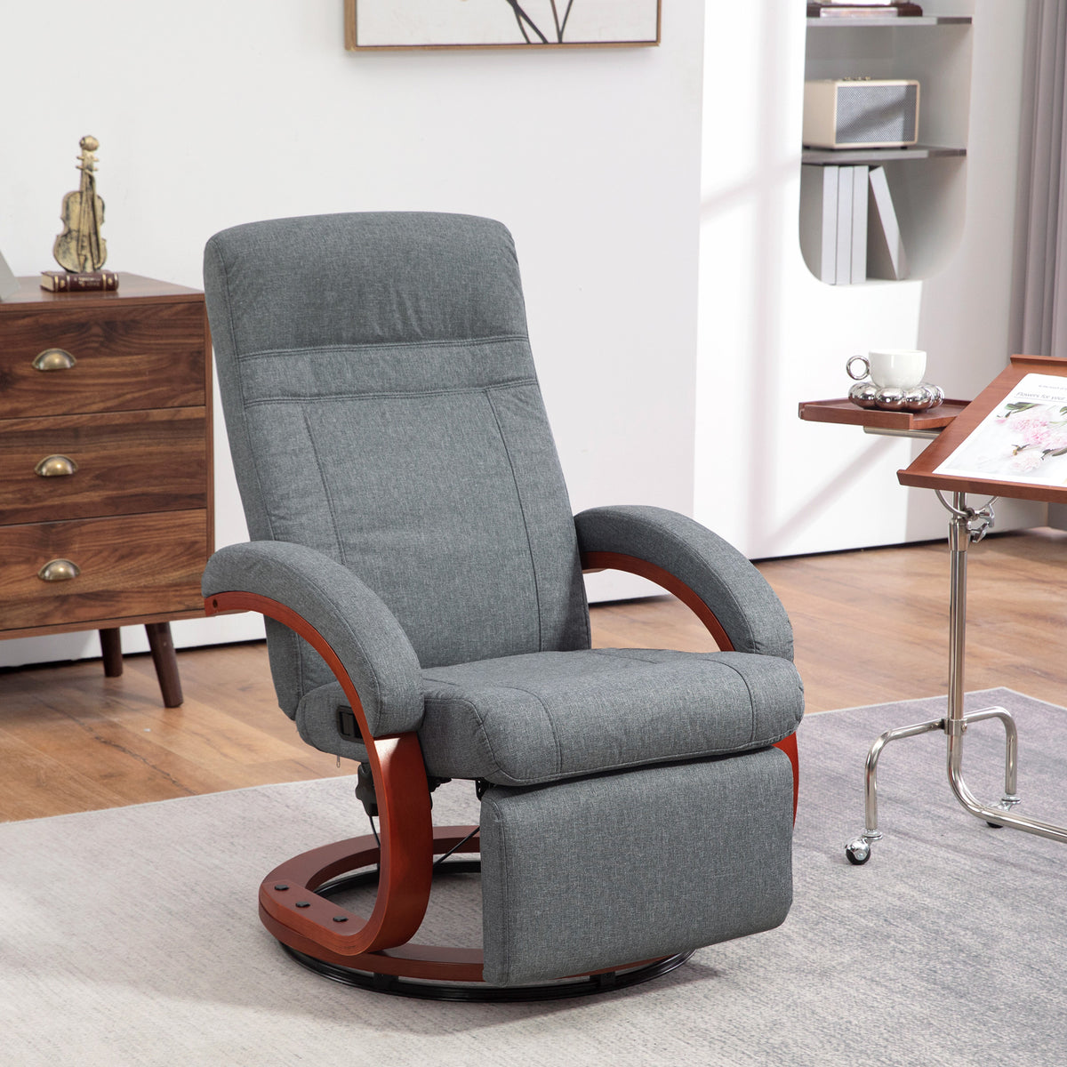 Relaxfauteuil met inklapbare voetensteun, draaibaar, verstelbare rugleuning, linnenlook, tot 140 kg, grijs (2)