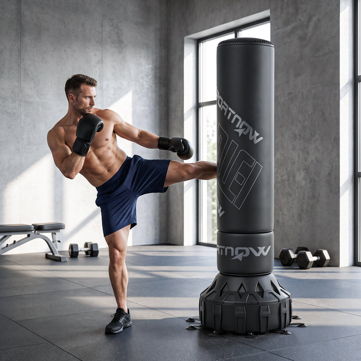 Vrijstaande bokszak 180 cm staande bokszak met zuignapvoet, vulbare voet, schokdemping, handschoenen, boxtrainer (2)